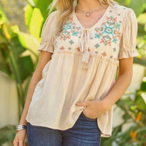 SOLID FLARED SHORT SLEEVE V NECK TOP - Picture 1 of 2